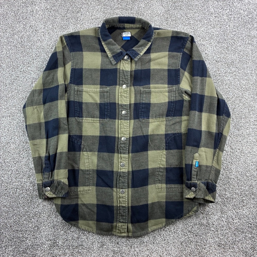 KAVU Flannel Shirt Women's XL Green Black Cotton Buffalo Plaid Snap Front